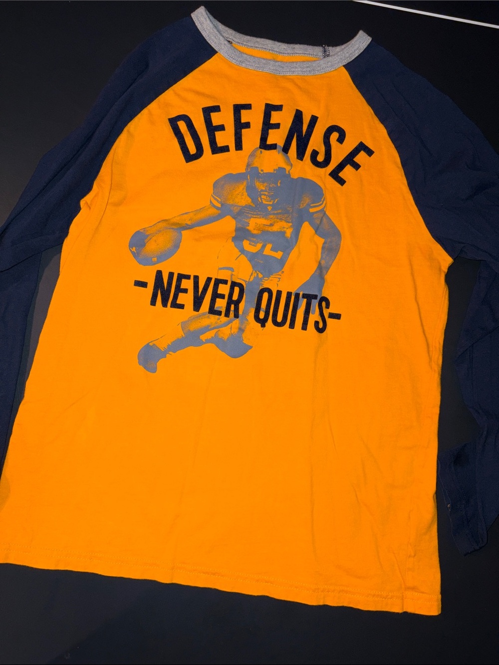Boys Long Sleeve 'Defense Never Quits' Graphic Shirt - Navy & Gold